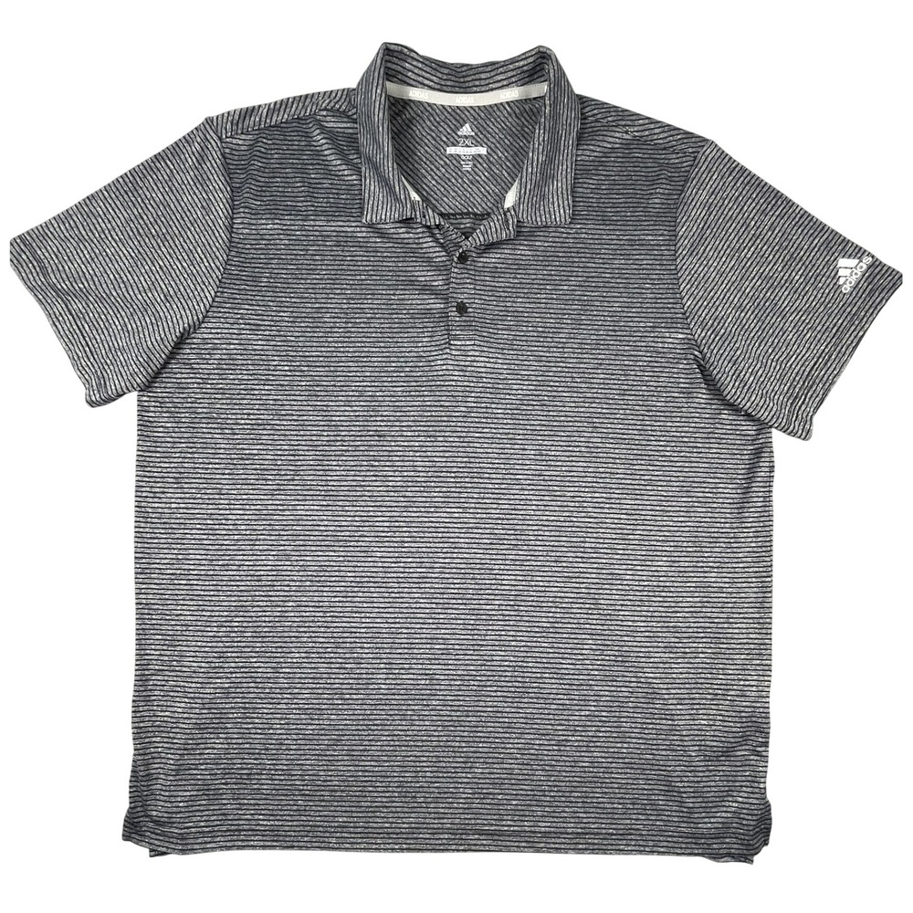 Adidas Polo‎ Shirt Men 2XL Grey Black Striped Golf Performance Short Sleeve Logo